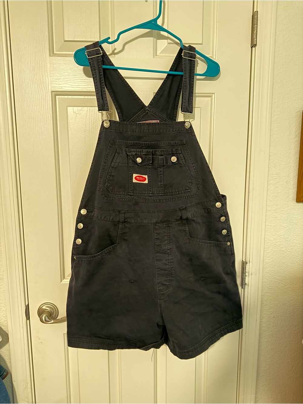 Revo Black Short Overalls with Plaid Logo Patch